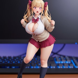 May include: A blonde anime-style figurine with twin tails and red hair bows, wearing a beige cardigan over a white button-down shirt, a maroon pleated skirt, and black knee-high socks with black loafers, standing on a circular black base.