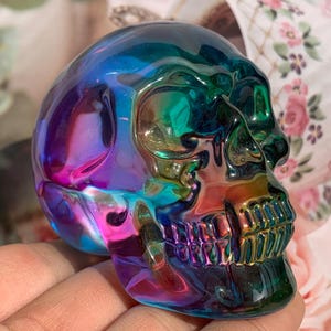 May include: A decorative skull with a vibrant, iridescent finish. The skull's surface reflects a spectrum of colors, including blues, greens, purples, and oranges. The skull is a unique decorative item.