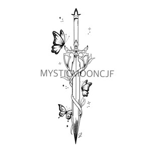 May include: Black and white illustration of a sword with a decorative hilt, adorned with butterflies and swirling vines. The image includes the text "MYSTICMOONCJF" and small star details, creating a fantasy theme.