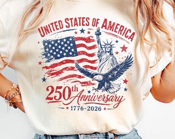 Camiseta con colores cómodos del 250.º aniversario de EE. UU., camiseta retro del 250.º aniversario de América (1776-2026), camiseta con águila y bandera patriótica, regalo del semiquincentenario
