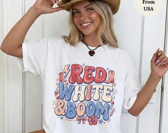 Camiseta Red White and Boom, Camiseta Comfort Colors del 4 de julio, Camiseta patriótica Coquette Cowgirl, Top retro Western Americana para mujer