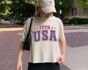 Camiseta USA 1776, Camiseta holgada Comfort Colors, Camiseta universitaria para el 4 de julio, Top corto americano para mujer, Top patriótico para vacaciones de verano, Regalo