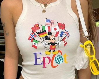 Camiseta sin mangas de Disney Epcot, camiseta estilo vintage de los 90 con Mickey y banderas de las naciones, camiseta de la gira Disney World, camiseta sin mangas estilo corredor de las vacaciones en Disneyland 2026