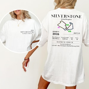 May include: White t-shirt with "SILVERSTONE 2026" printed on the front and back. The back features a circuit map, race details, and the text "United Kingdom". The shirt includes race distance, circuit length, and lap information.