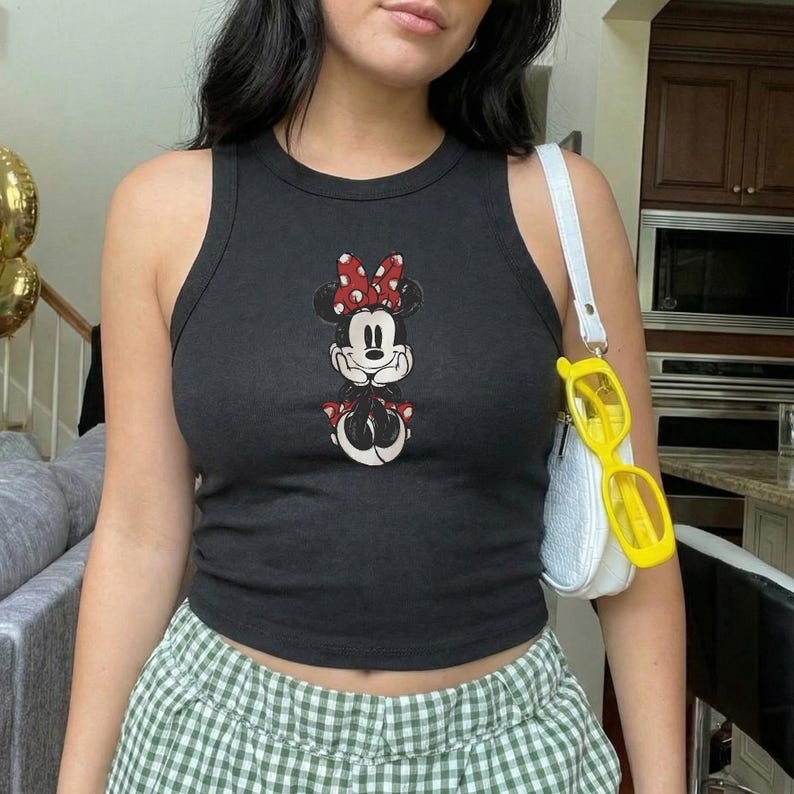 Vintage Minnie Mouse Ribbed Crop Tank Top, Retro Cartoon Graphic Tee image 4
