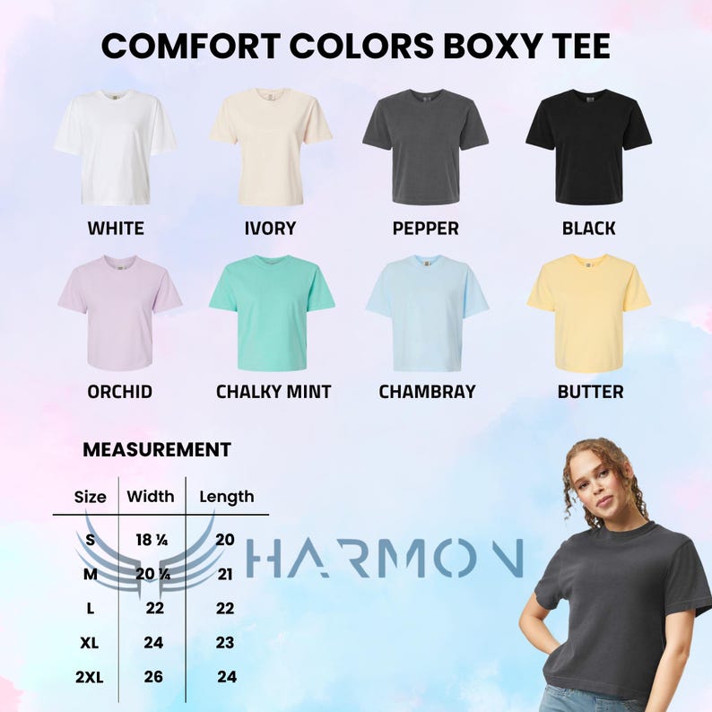 May include: A selection of Comfort Colors boxy tees in white, ivory, pepper, black, orchid, chalky mint, chambray, and butter. The image shows a size chart and the brand name "HARMON".