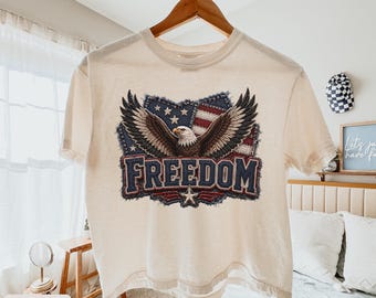 Camiseta Freedom Eagle Patchwork, Camiseta holgada Comfort Colors, Top corto patriótico para mujer, Regalo de verano del oeste americano de EE. UU.