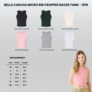 May include: A selection of cropped racerback tank tops in colours such as black, forest green, natural, pink, grey, and white. The image includes a size chart with measurements in inches for sizes XS to 2XL. The tank top is made of a micro rib fabric.