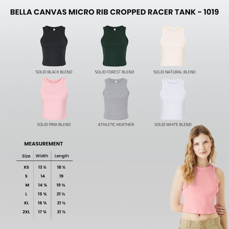 May include: A selection of cropped racerback tank tops in colours such as black, forest green, natural, pink, grey, and white. The image includes a size chart with measurements in inches for sizes XS to 2XL. The tank top is made of a micro rib fabric.