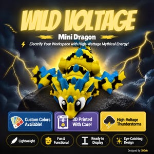 May include: A yellow and blue 3D printed mini dragon figurine with black zigzag patterns. The text reads WILD VOLTAGE Mini Dragon, Electrify Your Workspace with High-Wattage Mythical Energy, Custom Colors Available, 3D Printed With Care, High-Voltage Thunderstorms, Lightweight, Fun & Functional, Ready to Display, Eye-Catching Design, Designed By: 3DGob.