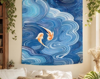 Blue Koi Fish Tapestry, Abstract Ocean Wave Wall Hanging, Japanese Inspired Bedroom Decor, Coastal Zen Dorm Art, Modern Water Wall Decor Art