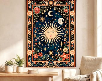 Celestial Sun Moon Tapestry, Floral Boho Wall Hanging, Vintage Stars Tapestry, Mystical Astrology Room Decor, Dorm Bedroom Backdrop