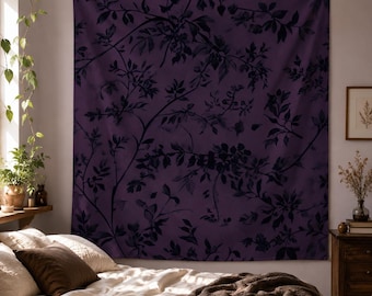 Gothic Purple Botanical Tapestry, Dark Floral Wall Hanging, Moody Dark Academia Decor, Witchy Bedroom Dorm Apartment Wall Art, Gothic Decor