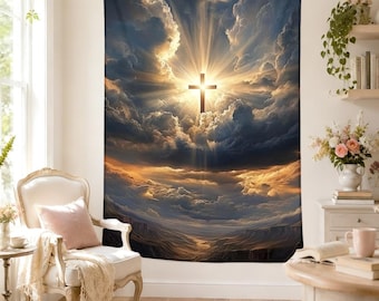 Christian Cross Tapestry, Dramatic Heaven Light Wall Hanging, Religious Cloud Sky Wall Art, Faith Inspired Bedroom Decor Prayer Gift