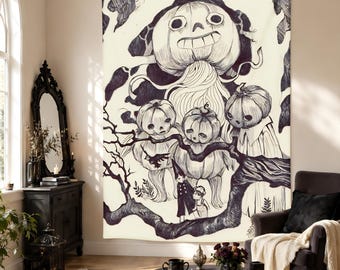 Pumpkin People Halloween Tapestry, Vintage Ink Drawing Wall Hanging, Spooky Folk Art Decor, Dark Pumpkin Family Gothic Autumn Wall Art Decor