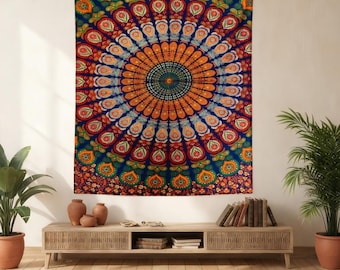 Gobelin z mandalą w stylu boho, psychodeliczna symetria, dekoracja ścienna do pokoju medytacyjnego, sztuka etniczna, tkanina ścienna z motywem jogi duchowej