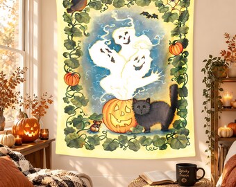 Vintage Ghost Halloween Tapestry, Black Cat Pumpkin Wall Hanging, Cute Spooky Folk Art, Retro Halloween Decor, Autumn Cottagecore Wall Art