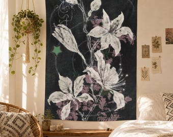 Dark Lily Floral Tapestry, Gothic Black Botanical Wall Hanging, Mystical White Flower Decor, Moody Bedroom Dorm Wall Art, Witchy Home Decor