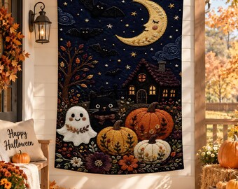 Embroidered Halloween Tapestry, Ghost Black Cat Pumpkin Wall Hanging, Witchy Cottage Decor, Spooky Autumn Wall Art, Halloween Decor