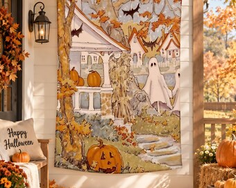 Vintage Halloween Tapestry, Ghost Pumpkin Village Wall Hanging, Retro Autumn Decor, Cottagecore Spooky Wall Art, Halloween Home Decor