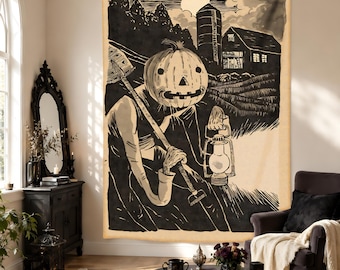 Vintage Halloween Tapestry, Pumpkin Scarecrow Wall Hanging, Haunted Farmhouse Decor, Gothic Autumn Wall Art, Spooky Season Decor