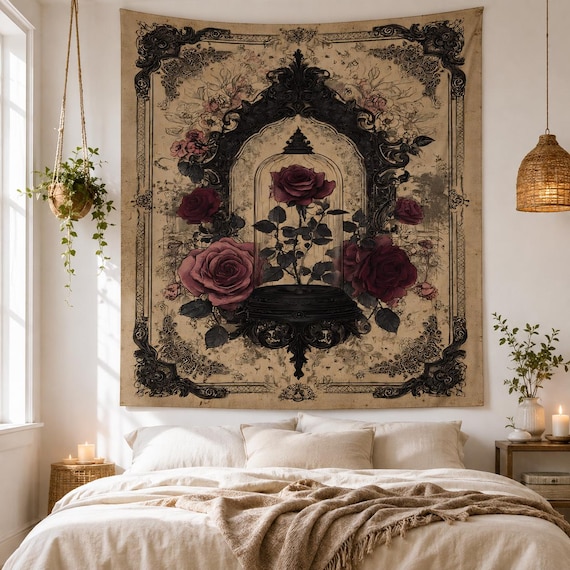 Victorian Gothic Rose Tapestry, Dark Floral Wall Hanging, Antique Ornate Frame Decor, Moody Bedroom Art, Romantic Witchy Home Accent Gift