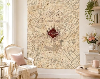 Vintage Wizard School Map Tapestry, Fantasy Castle Parchment Wall Hanging, Antique Adventure Map Wall Art, Magical Academia Room Decor