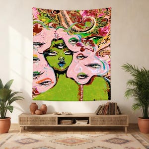 Surreal Portrait Tapestry, Abstract Face Wall Hanging, Punk Aesthetic Room Decor, Artistic Statement Wall Art, Unique Home Decor image 3