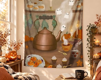 Cozy Ghost Halloween Tapestry, Witchy Tea Wall Hanging, Pumpkin Kitchen Decor, Cottagecore Spooky Wall Art, Autumn Halloween Decor