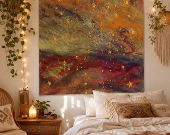 Abstract Star Tapestry, Boho Orange Celestial Wall Hanging, Colorful Cosmic Painting Decor, Eclectic Bedroom Dorm Art,Dreamy Celestial Decor