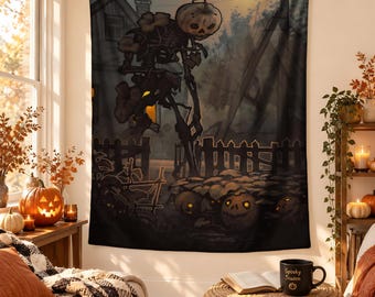 Pumpkin Skeleton Halloween Tapestry, Creepy Scarecrow Wall Hanging, Haunted Farm Decor, Spooky Gothic Autumn Art, Halloween Room Decor Gifts