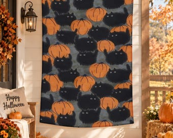 Black Cat Pumpkin Halloween Tapestry, Fun Spooky Wall Hanging, Vintage Folk Art Cat Decor, Autumn Halloween Room Decor, Witchy Wall Art Gift
