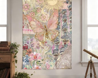 Vintage Butterfly Floral Tapestry, Boho Cottagecore Wall Hanging, Retro Botanical Collage Art, Aesthetic Room Decor, Nature Lover Gift