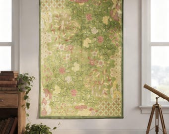 Green Oriental Floral Tapestry, Vintage Asian Pattern Wall Hanging, Elegant Botanical Decor, Aesthetic Room Decor, Nature Bedroom Decor