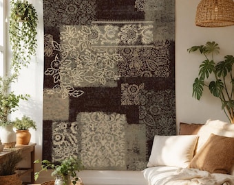 Vintage Floral Patchwork Tapestry, Dark Brown Botanical Wall Hanging, Distressed Boho Textile Art, Rustic Bedroom and Living Room Decor Gift