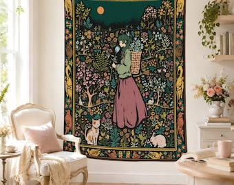 Dark Cottagecore Tapestry, Forest Girl Floral Wall Hanging, Vintage Folk Art Animal Decor, Whimsical Storybook Room Art, Boho Bedroom Deco
