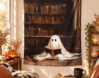 Ghost Reading Halloween Tapestry, Cozy Library Wall Hanging, Book Lover Spooky Decor, Dark Academia Ghost Art, Autumn Reading Nook Decor Art