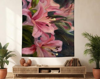 Vintage Oil Painting Lily Tapestry, Romantic Floral Wall Hanging, Cottagecore Aesthetic Art Decor, Elegant Flower Tapestry for Living Room