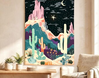 Desert Cactus Tapestry, Boho Southwest Wall Hanging, Starry Night Moon Landscape Decor, Colorful Western Bedroom Dorm Backdrop