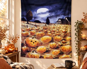 Moonlit Pumpkin Patch Halloween Tapestry, Vintage Farm Wall Hanging, Spooky Harvest Decor, Autumn Pumpkin Field Art, Rustic Halloween Decor