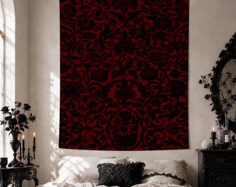 Dark Red Floral Tapestry, Gothic Botanical Wall Hanging, Moody Victorian Bedroom Decor, Black Rose Dorm Art, Romantic Dark Wall Decor Accent