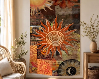 Boho Sun Collage Tapestry, Vintage Celestial Wall Hanging, Eclectic Orange Bedroom Decor, Retro Hippie Dorm Art, Maximalist Home Walls Decor