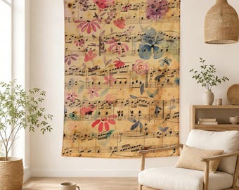 Vintage Sheet Music Floral Tapestry, Watercolor Flower Wall Hanging,Antique Music Notes Wall Art,Romantic Piano Room Decor,Music Lovers Gift