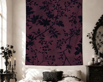 Dark Botanical Tapestry Wall Hanging, Gothic Floral Plant Art Decor, Moody Vintage Wall Art, Dark Academia Bedroom Aesthetic Decoration