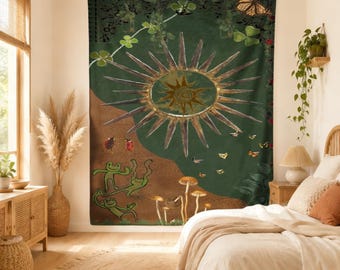 Green Celestial Sun Tapestry, Whimsical Frog Mushroom Wall Hanging, Clover Butterfly Nature Collage, Cottagecore Room Decor, Boho Forest Art