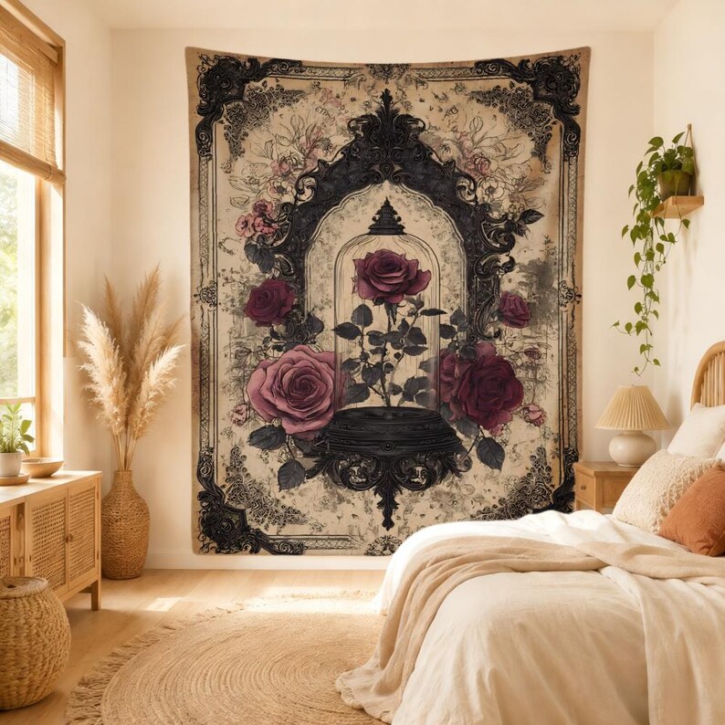 May include: A rectangular wall tapestry featuring a central illustration of a single dark red rose inside a glass cloche, surrounded by larger blooming roses and an ornate black baroque-style frame against a vintage-inspired beige background.