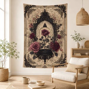 May include: A rectangular wall tapestry featuring a central illustration of a single red rose inside a glass cloche, surrounded by dark ornate floral frames and additional red roses, all set against a vintage-style beige parchment background.