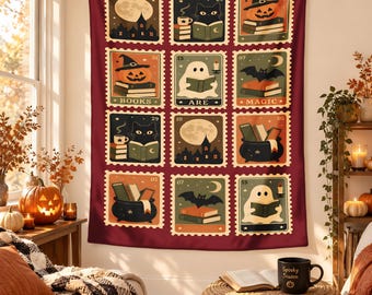 Vintage Halloween Tapestry, Spooky Stamp Collage Wall Hanging, Ghost Pumpkin Black Cat Decor, Retro Bookish Halloween Room Decor