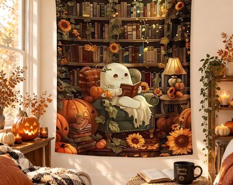 Ghost Reading Tapestry, Halloween Library Wall Hanging, Book Lover Spooky Decor, Dark Academia Autumn Wall Art, Cozy Halloween Decor