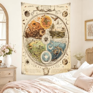 May include: A rectangular wall tapestry featuring a circular, vintage-style map illustration. The design includes four distinct quadrants depicting landscapes, celestial bodies, and mythical creatures in muted earth tones, cream, and blue.